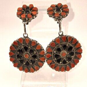Zuni Coral and Jet Cluster Earrings